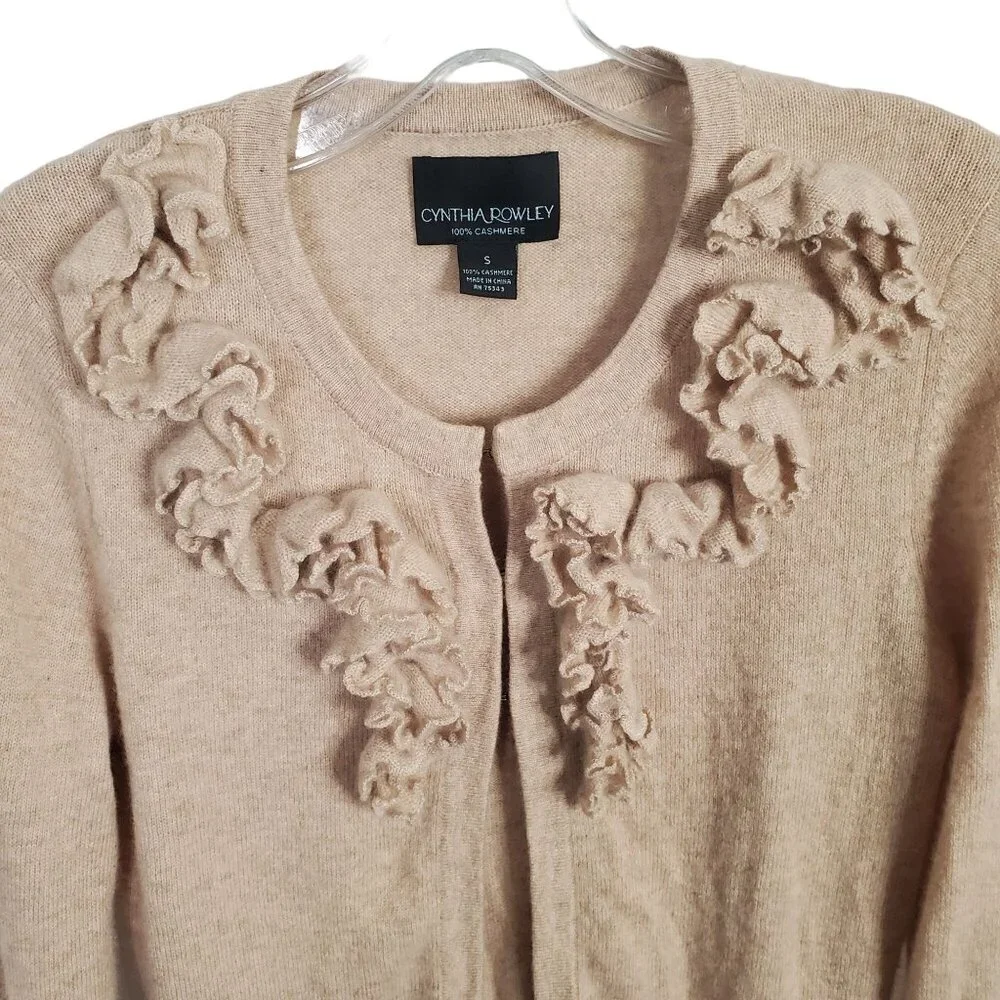 Cynthia Rowley Size S Sweater Flyaway Cardigan 100% Cashmere Coquette Ruffle Tan - Picture 7 of 9